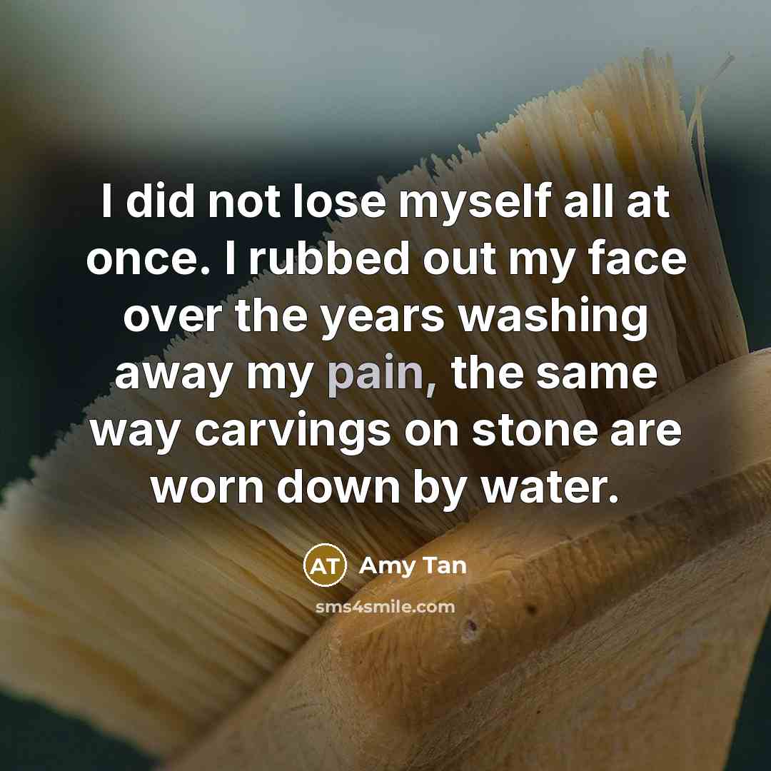“I did not lose myself all at once. I rubbed out my face over the years washing away my pain, the same way carvings on stone are worn down by water.” quote by Amy Tan