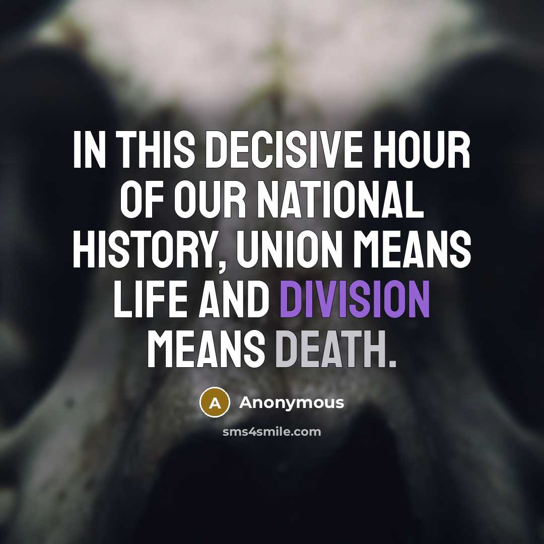 “In this decisive hour of our national history, union means life and division means death.” quote by Anonymous