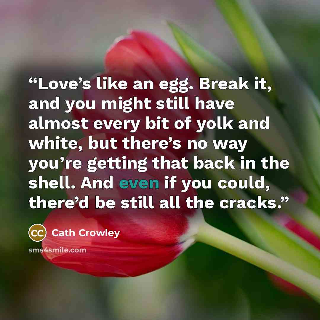 “Love’s like an egg. Break it, and you might still have almost every bit of yolk and white, but there’s no way you’re getting that back in the shell. And even if you could, there’d be still all the cracks.” quote by Cath Crowley