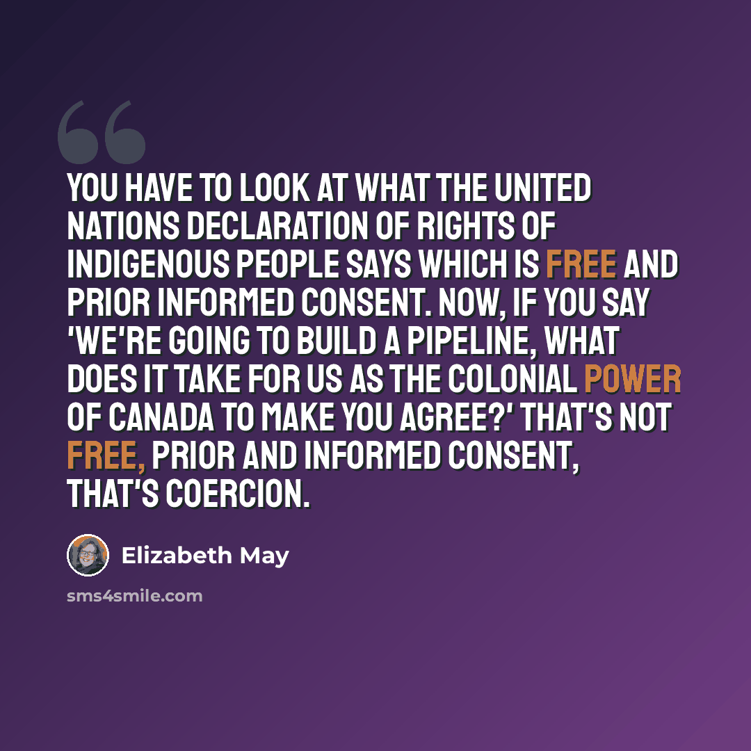 “You have to look at what the United Nations Declaration of Rights of Indigenous people says which is free and prior informed consent. Now, if you say 'we're going to build a pipeline, what does it take for us as the colonial power of Canada to make you agree?' That's not free, prior and informed…” quote by Elizabeth May