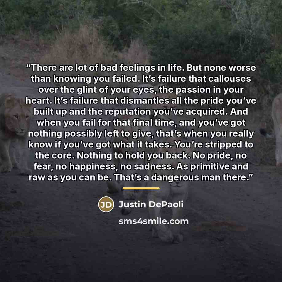 “There are lot of bad feelings in life. But none worse than knowing you failed. It’s failure that callouses over the glint of your eyes, the passion in your heart. It’s failure that dismantles all the pride you’ve built up and the reputation you’ve acquired. And when you fail for that final time…” quote by Justin DePaoli