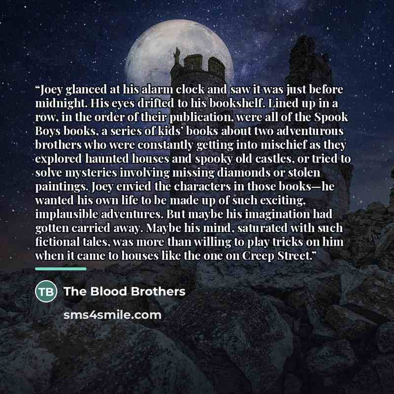 “Joey glanced at his alarm clock and saw it was just before midnight. His eyes drifted to his bookshelf. Lined up in a row, in the order of their publication, were all of the Spook Boys books, a series of kids’ books about two adventurous brothers who were constantly getting into mischief as they…” quote by The Blood Brothers