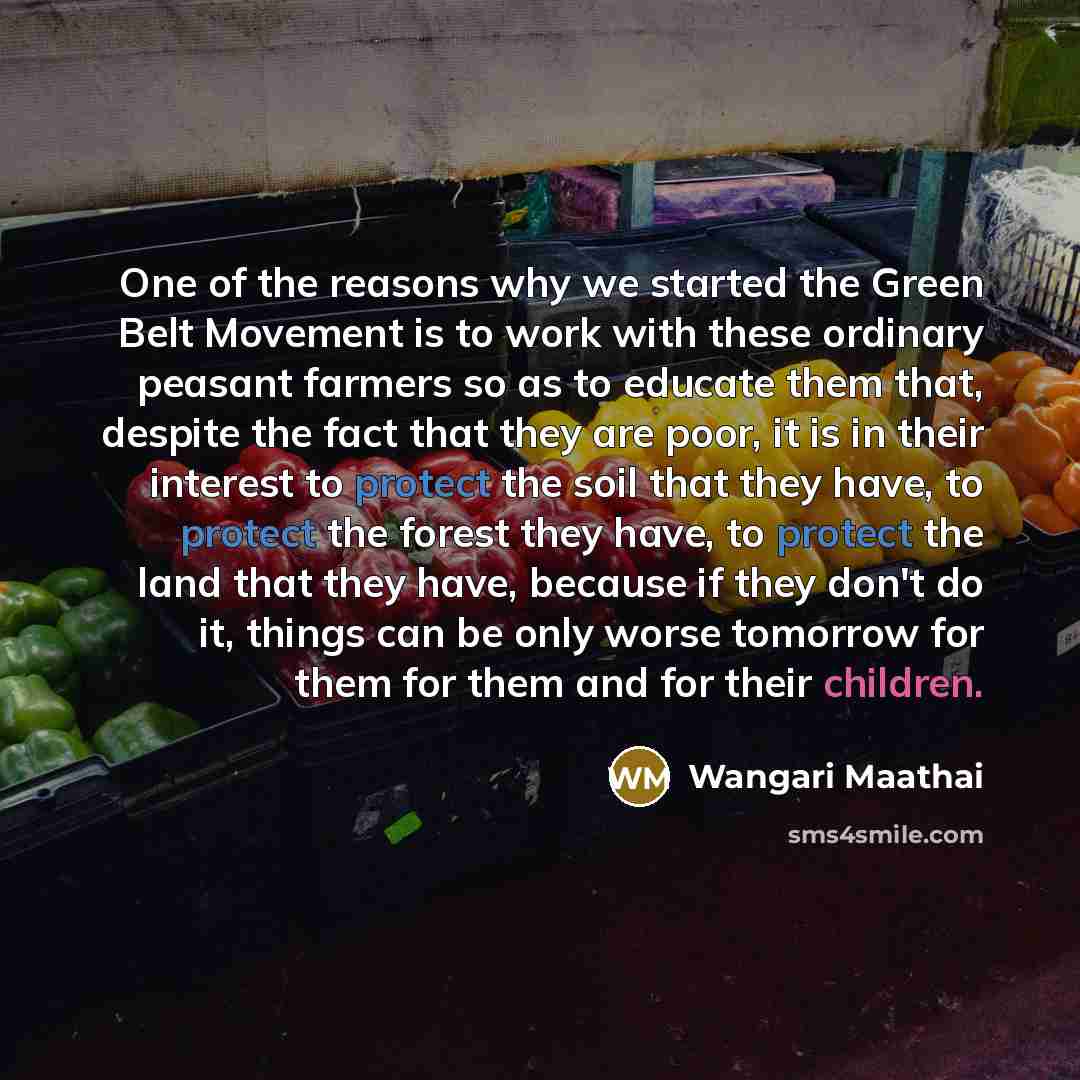 “One of the reasons why we started the Green Belt Movement is to work with these ordinary peasant farmers so as to educate them that, despite the fact that they are poor, it is in their interest to protect the soil that they have, to protect the forest they have, to protect the land that they have…” quote by Wangari Maathai