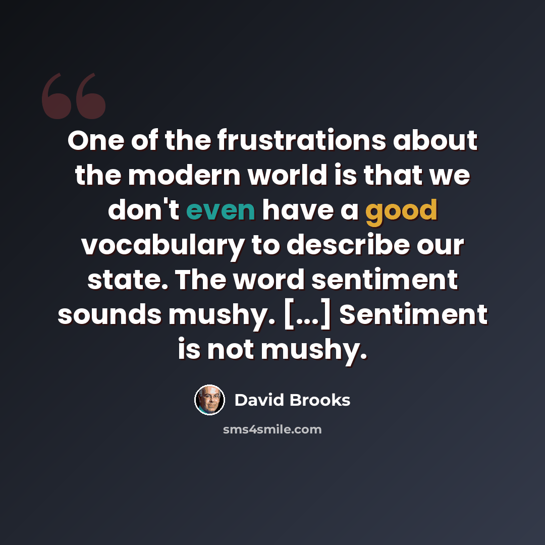 “One of the frustrations about the modern world is that we don't even have a good vocabulary to describe our state. The word sentiment sounds mushy. [...] Sentiment is not mushy.” quote by David Brooks