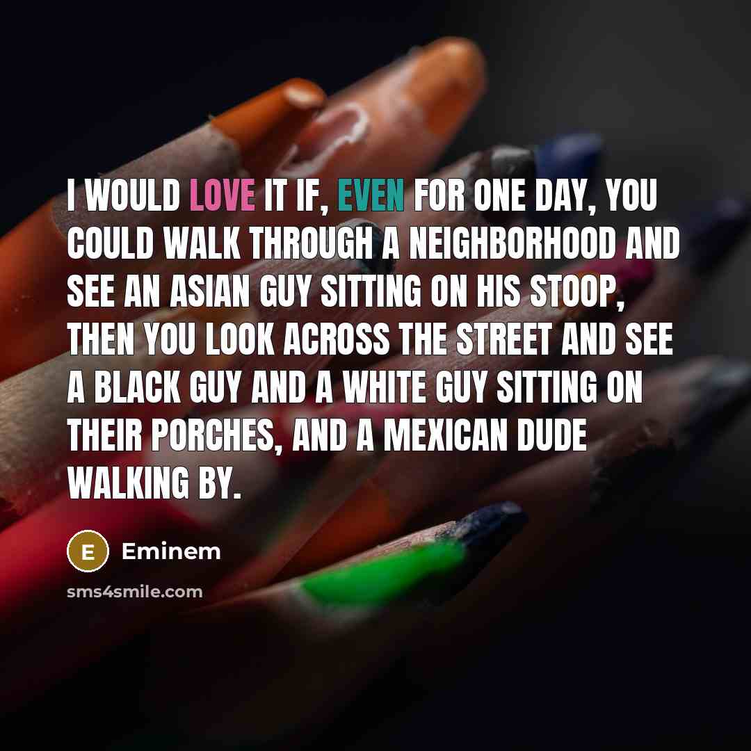 “I would love it if, even for one day, you could walk through a neighborhood and see an Asian guy sitting on his stoop, then you look across the street and see a black guy and a white guy sitting on their porches, and a Mexican dude walking by.” quote by Eminem