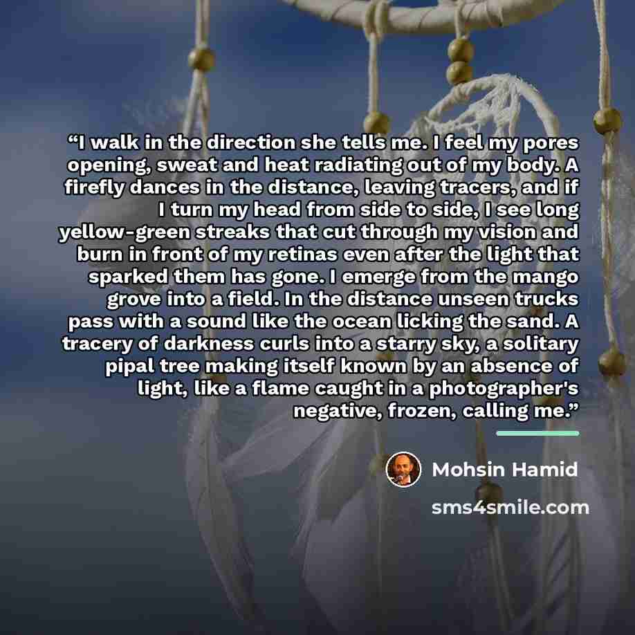 “I walk in the direction she tells me. I feel my pores opening, sweat and heat radiating out of my body. A firefly dances in the distance, leaving tracers, and if I turn my head from side to side, I see long yellow-green streaks that cut through my vision and burn in front of my retinas even after…” quote by Mohsin Hamid
