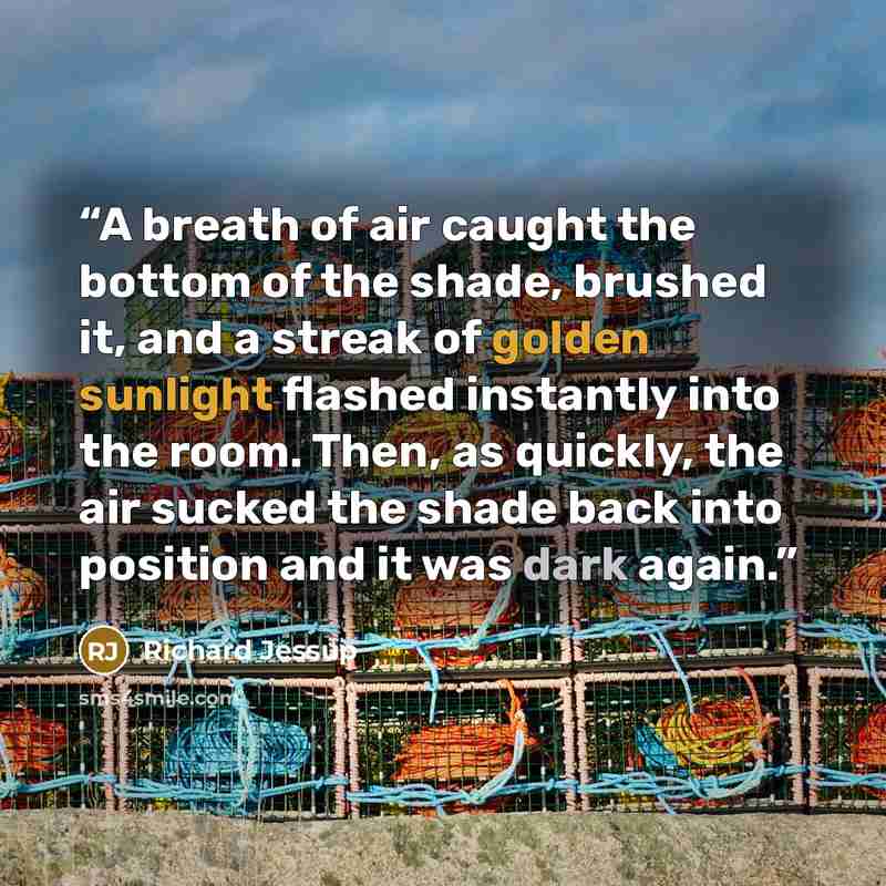 “A breath of air caught the bottom of the shade, brushed it, and a streak of golden sunlight flashed instantly into the room. Then, as quickly, the air sucked the shade back into position and it was dark again.” quote by Richard Jessup