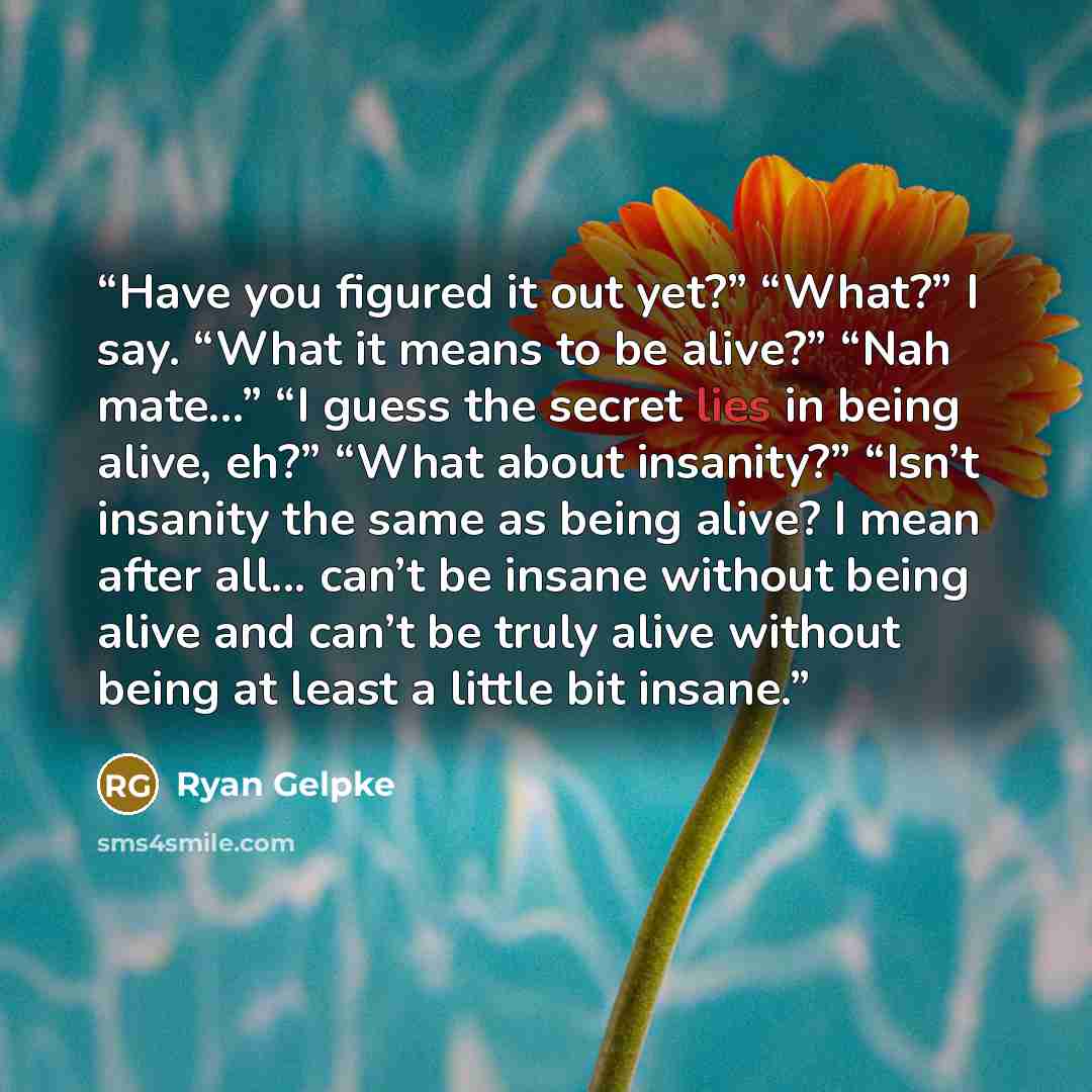 “Have you figured it out yet?” “What?” I say. “What it means to be alive?” “Nah mate…” “I guess the secret lies in being alive, eh?” “What about insanity?” “Isn’t insanity the same as being alive? I mean after all... can’t be insane without being alive and can’t be truly alive without being at…” quote by Ryan Gelpke