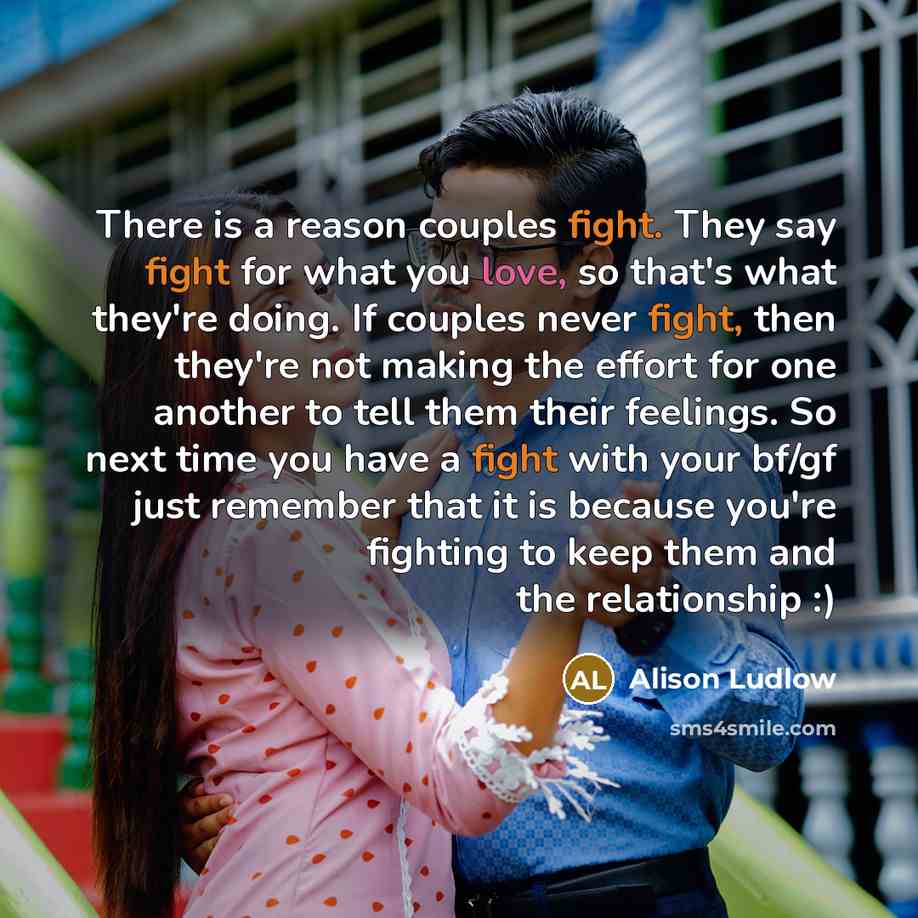 “There is a reason couples fight. They say fight for what you love, so that's what they're doing. If couples never fight, then they're not making the effort for one another to tell them their feelings. So next time you have a fight with your bf/gf just remember that it is because you're fighting to…” quote by Alison Ludlow