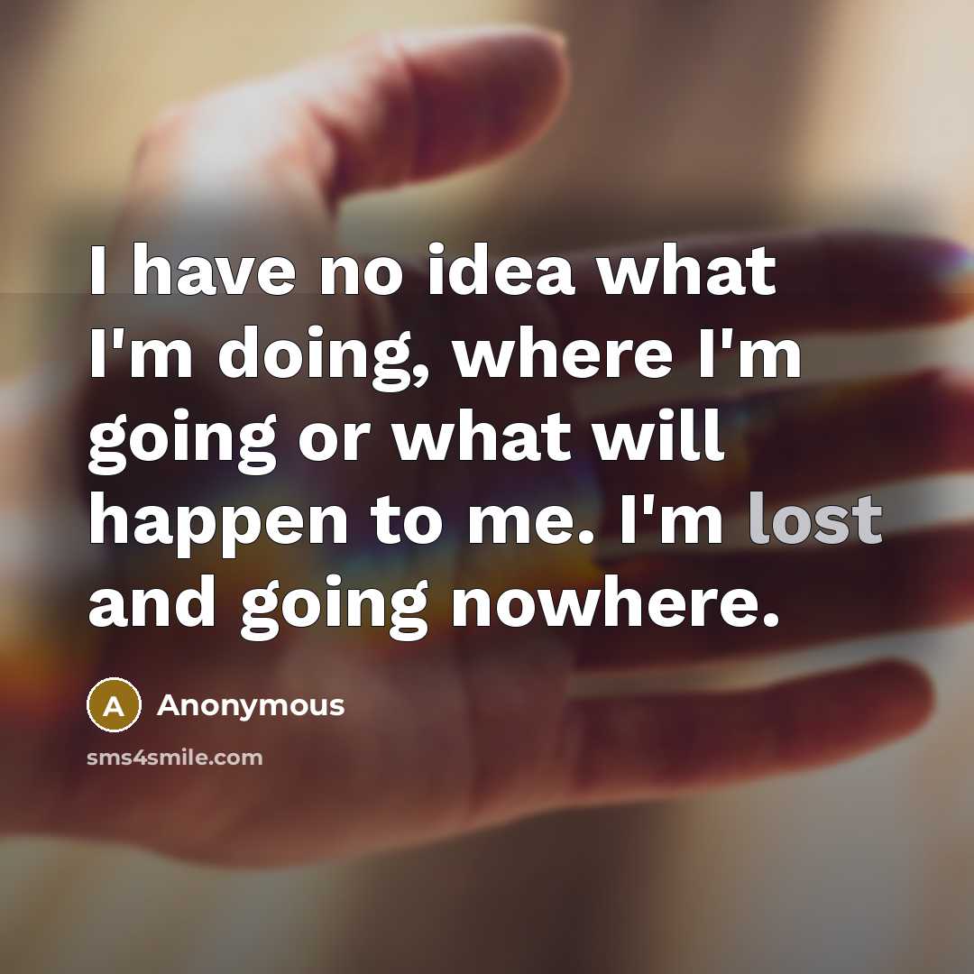 “I have no idea what I'm doing, where I'm going or what will happen to me. I'm lost and going nowhere.” quote by Anonymous