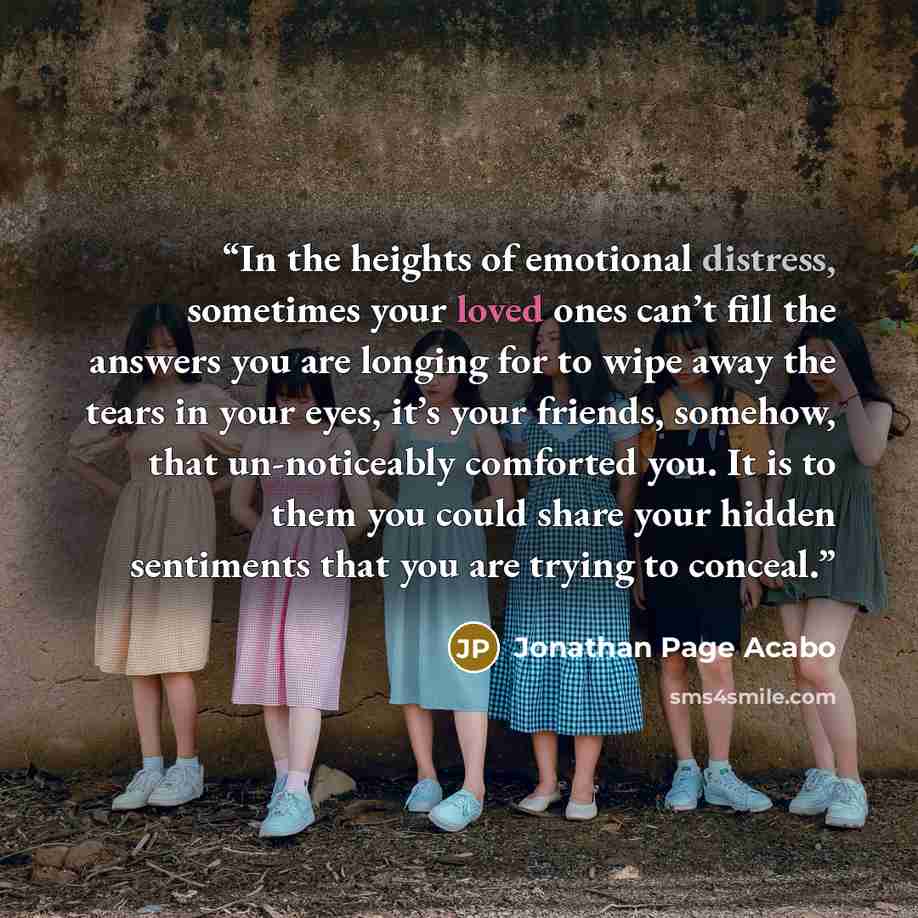“In the heights of emotional distress, sometimes your loved ones can’t fill the answers you are longing for to wipe away the tears in your eyes, it’s your friends, somehow, that un-noticeably comforted you. It is to them you could share your hidden sentiments that you are trying to conceal.” quote by Jonathan Page Acabo