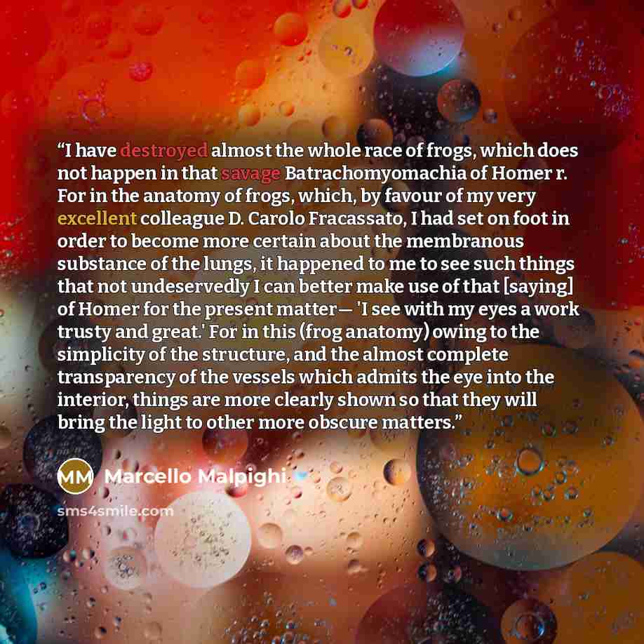 “I have destroyed almost the whole race of frogs, which does not happen in that savage Batrachomyomachia of Homer r. For in the anatomy of frogs, which, by favour of my very excellent colleague D. Carolo Fracassato, I had set on foot in order to become more certain about the membranous substance of…” quote by Marcello Malpighi