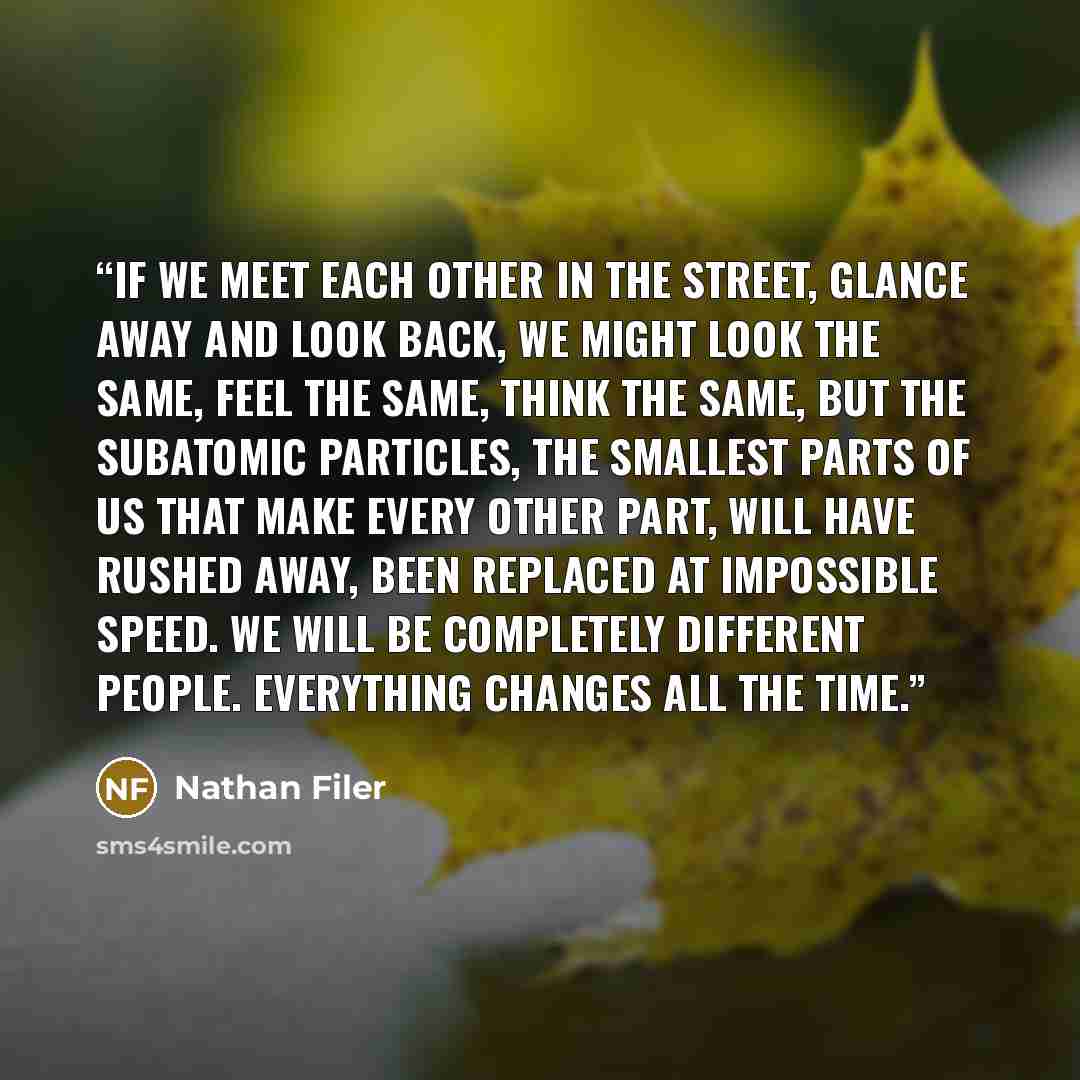 “if we meet each other in the street, glance away and look back, we might look the same, feel the same, think the same, but the subatomic particles, the smallest parts of us that make every other part, will have rushed away, been replaced at impossible speed. We will be completely different people…” quote by Nathan Filer