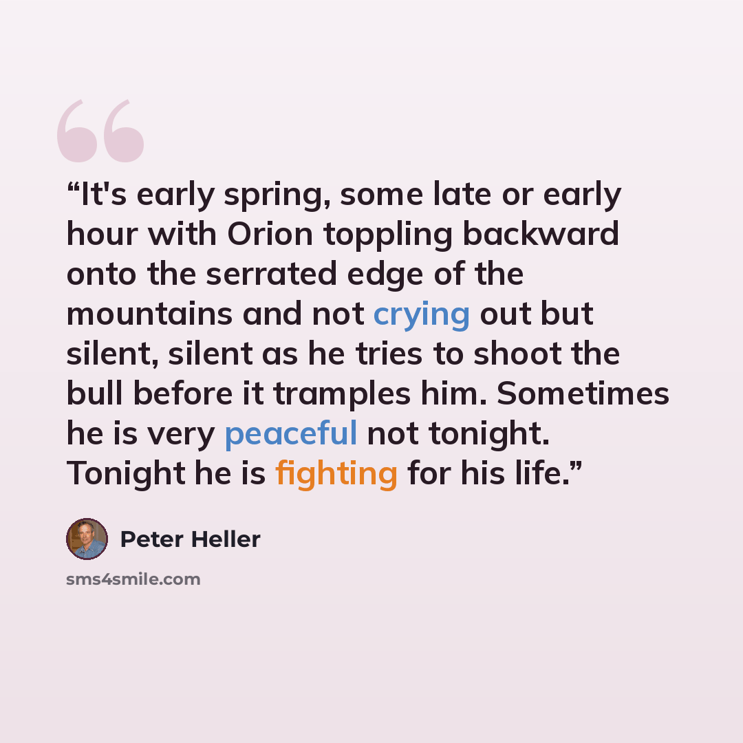 “It's early spring, some late or early hour with Orion toppling backward onto the serrated edge of the mountains and not crying out but silent, silent as he tries to shoot the bull before it tramples him. Sometimes he is very peaceful not tonight. Tonight he is fighting for his life.” quote by Peter Heller