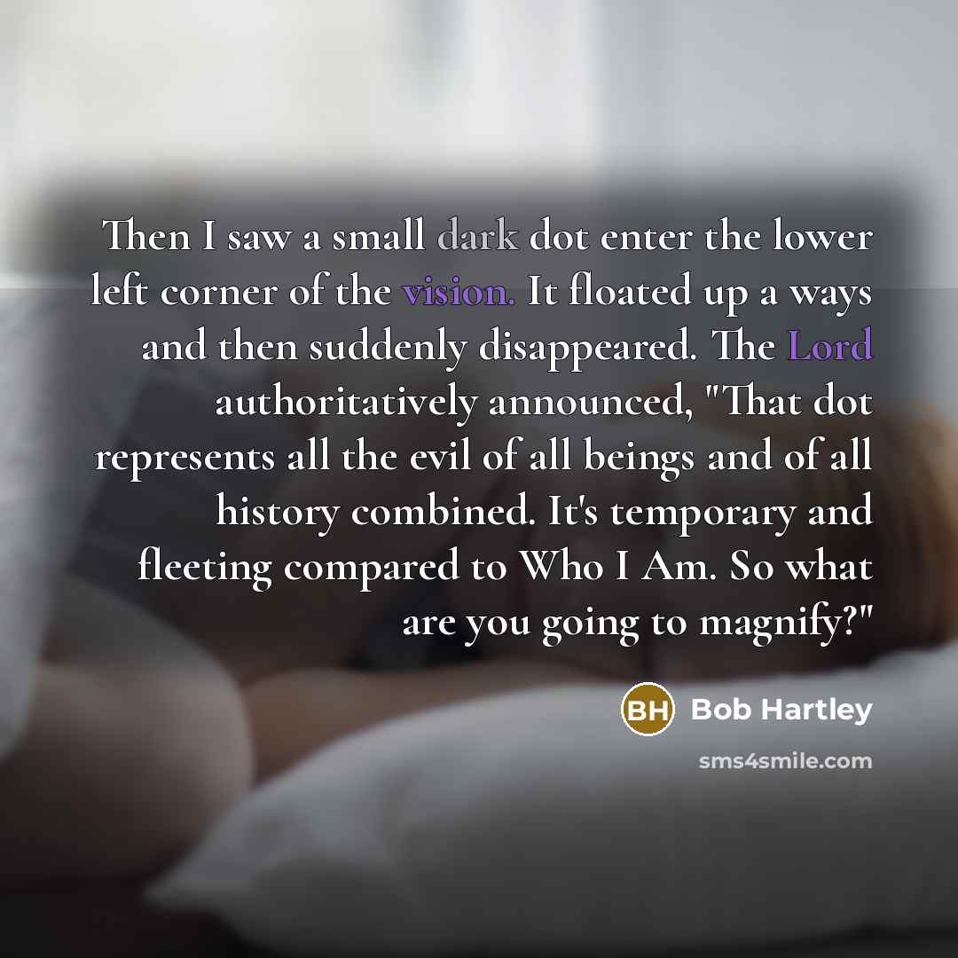 “Then I saw a small dark dot enter the lower left corner of the vision. It floated up a ways and then suddenly disappeared. The Lord authoritatively announced, "That dot represents all the evil of all beings and of all history combined. It's temporary and fleeting compared to Who I Am. So what are…” quote by Bob Hartley