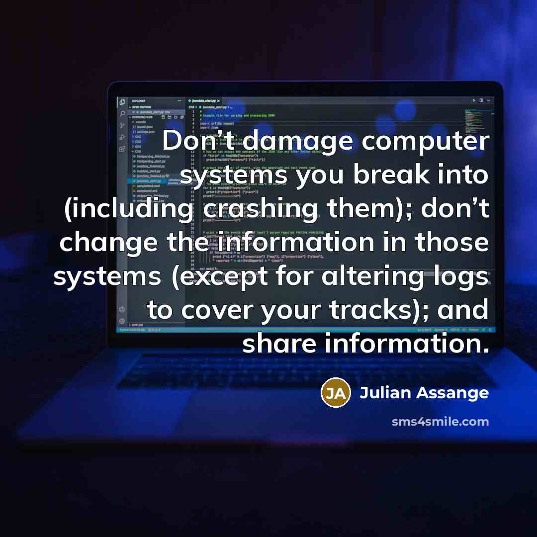 “Don’t damage computer systems you break into (including crashing them); don’t change the information in those systems (except for altering logs to cover your tracks); and share information.” quote by Julian Assange