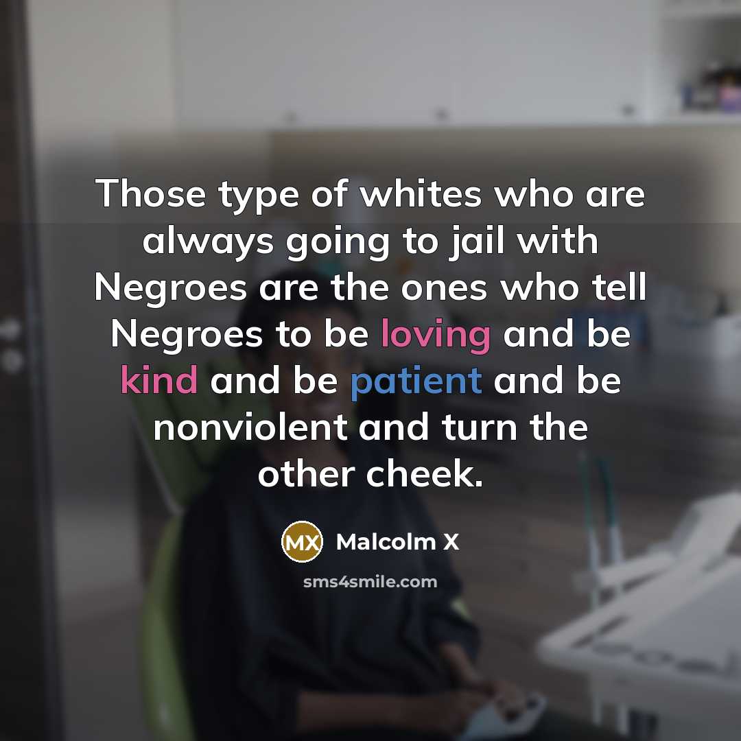 “Those type of whites who are always going to jail with Negroes are the ones who tell Negroes to be loving and be kind and be patient and be nonviolent and turn the other cheek.” quote by Malcolm X