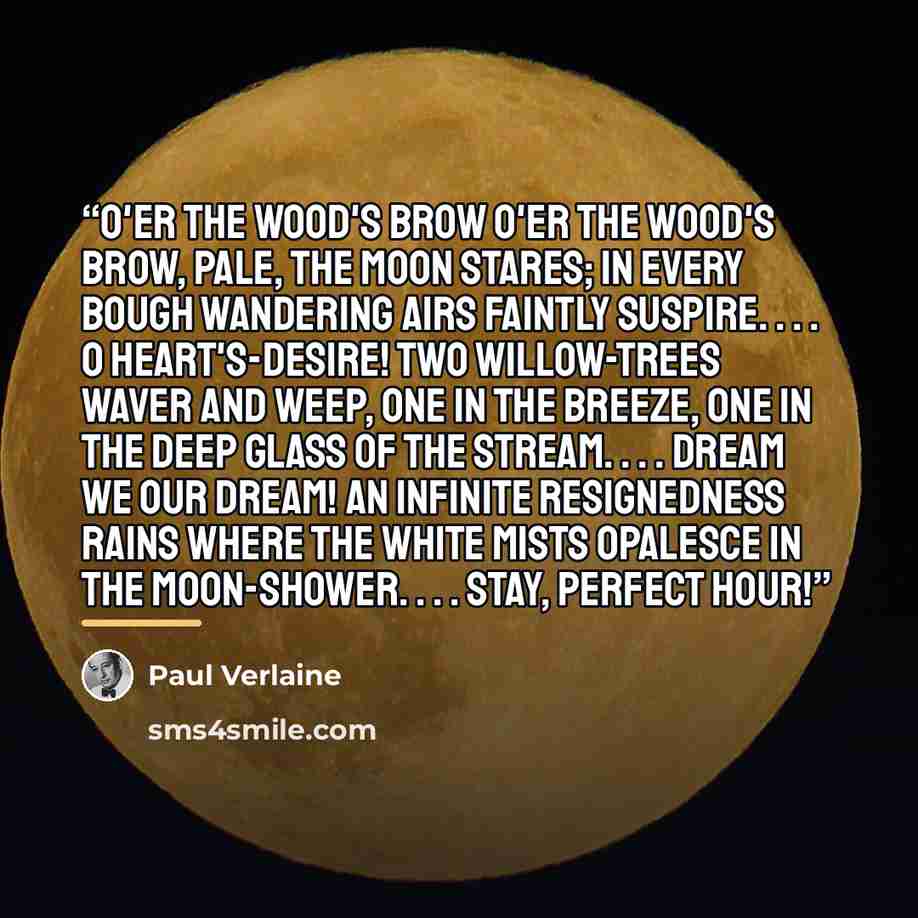 “O'ER THE WOOD'S BROW O'er the wood's brow, Pale, the moon stares; In every bough Wandering airs Faintly suspire. . . . O heart's-desire! Two willow-trees Waver and weep, One in the breeze, One in the deep Glass of the stream. . . . Dream we our dream! An infinite Resignedness Rains where the white…” quote by Paul Verlaine