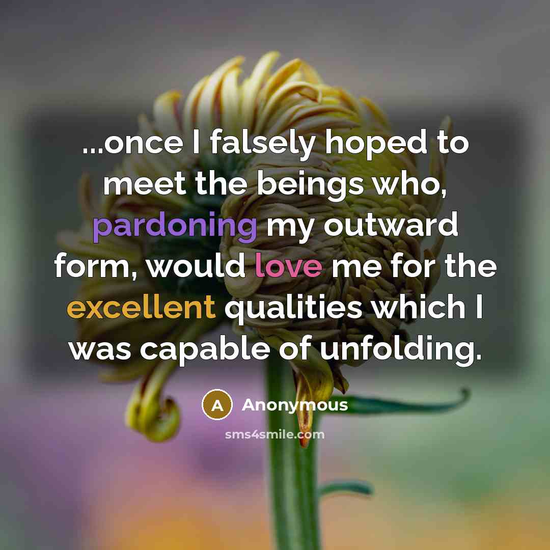 “...once I falsely hoped to meet the beings who, pardoning my outward form, would love me for the excellent qualities which I was capable of unfolding.” quote by Anonymous