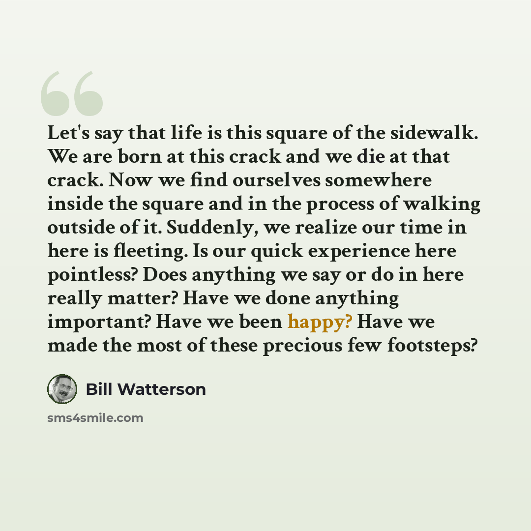 “Let's say that life is this square of the sidewalk. We are born at this crack and we die at that crack. Now we find ourselves somewhere inside the square and in the process of walking outside of it. Suddenly, we realize our time in here is fleeting. Is our quick experience here pointless? Does…” quote by Bill Watterson