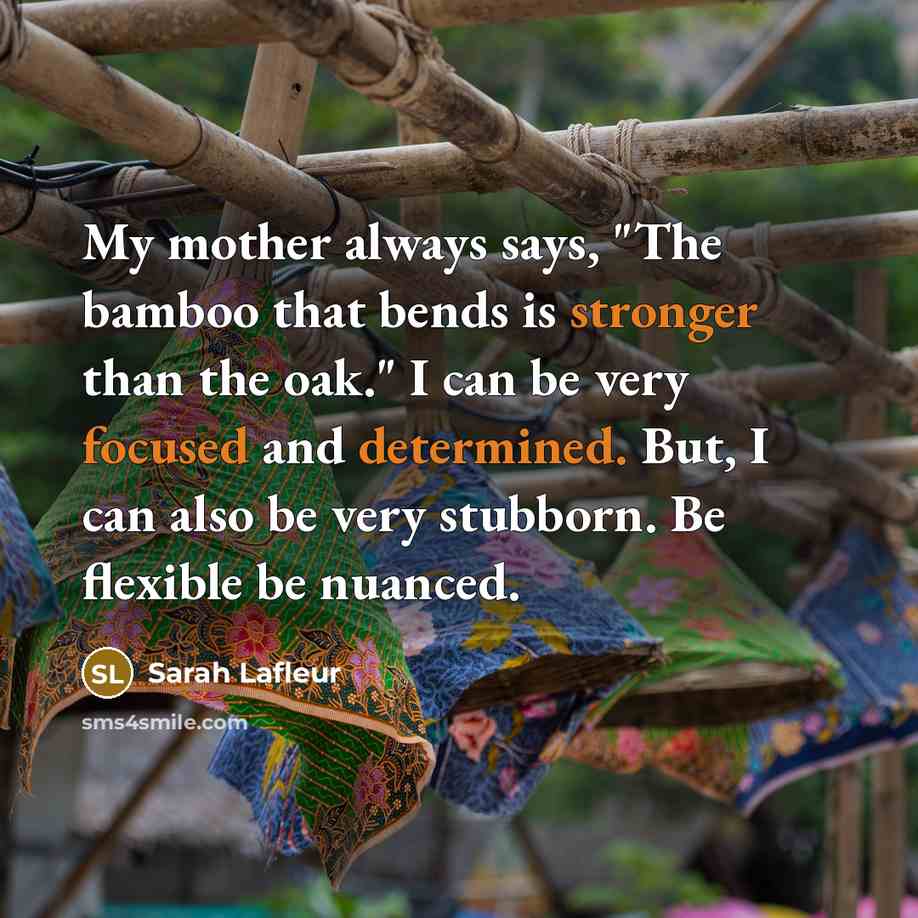 “My mother always says, "The bamboo that bends is stronger than the oak." I can be very focused and determined. But, I can also be very stubborn. Be flexible be nuanced.” quote by Sarah Lafleur