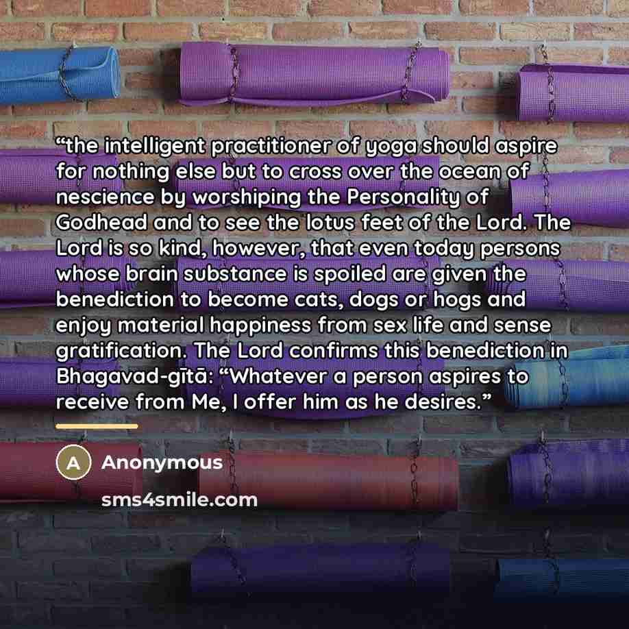 “the intelligent practitioner of yoga should aspire for nothing else but to cross over the ocean of nescience by worshiping the Personality of Godhead and to see the lotus feet of the Lord. The Lord is so kind, however, that even today persons whose brain substance is spoiled are given the…” quote by Anonymous