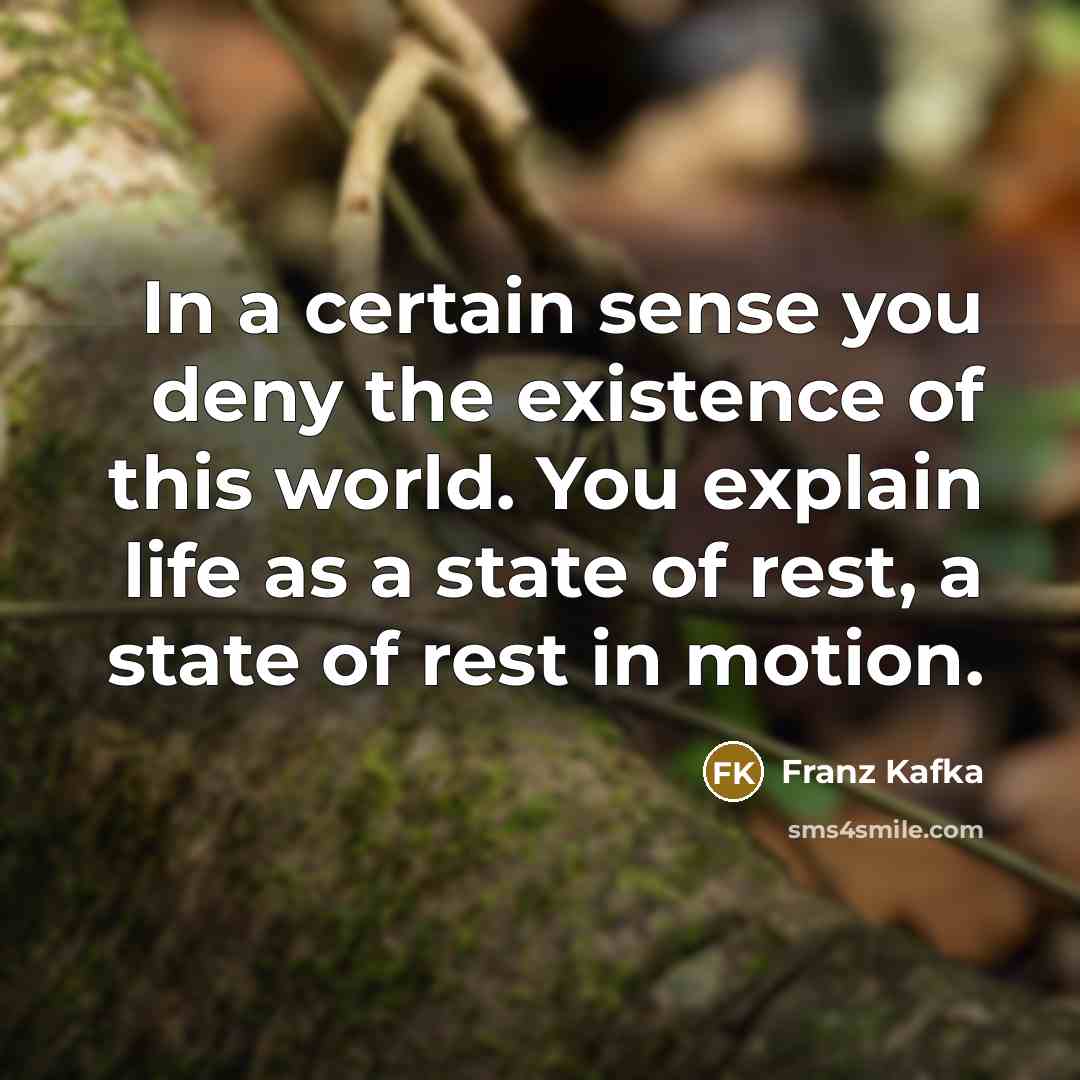 “In a certain sense you deny the existence of this world. You explain life as a state of rest, a state of rest in motion.” quote by Franz Kafka