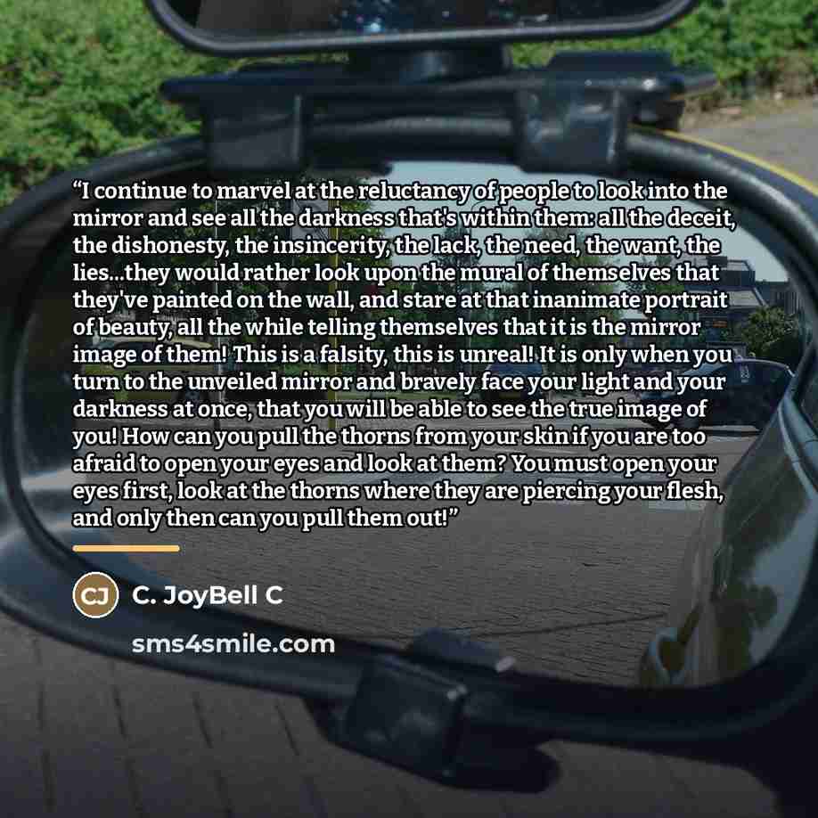 “I continue to marvel at the reluctancy of people to look into the mirror and see all the darkness that's within them: all the deceit, the dishonesty, the insincerity, the lack, the need, the want, the lies...they would rather look upon the mural of themselves that they've painted on the wall, and…” quote by C. JoyBell C