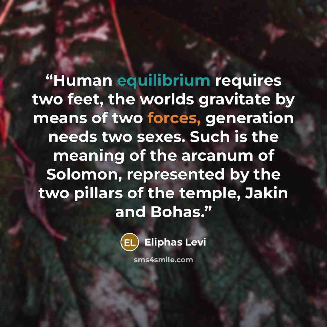 “Human equilibrium requires two feet, the worlds gravitate by means of two forces, generation needs two sexes. Such is the meaning of the arcanum of Solomon, represented by the two pillars of the temple, Jakin and Bohas.” quote by Éliphas Lévi