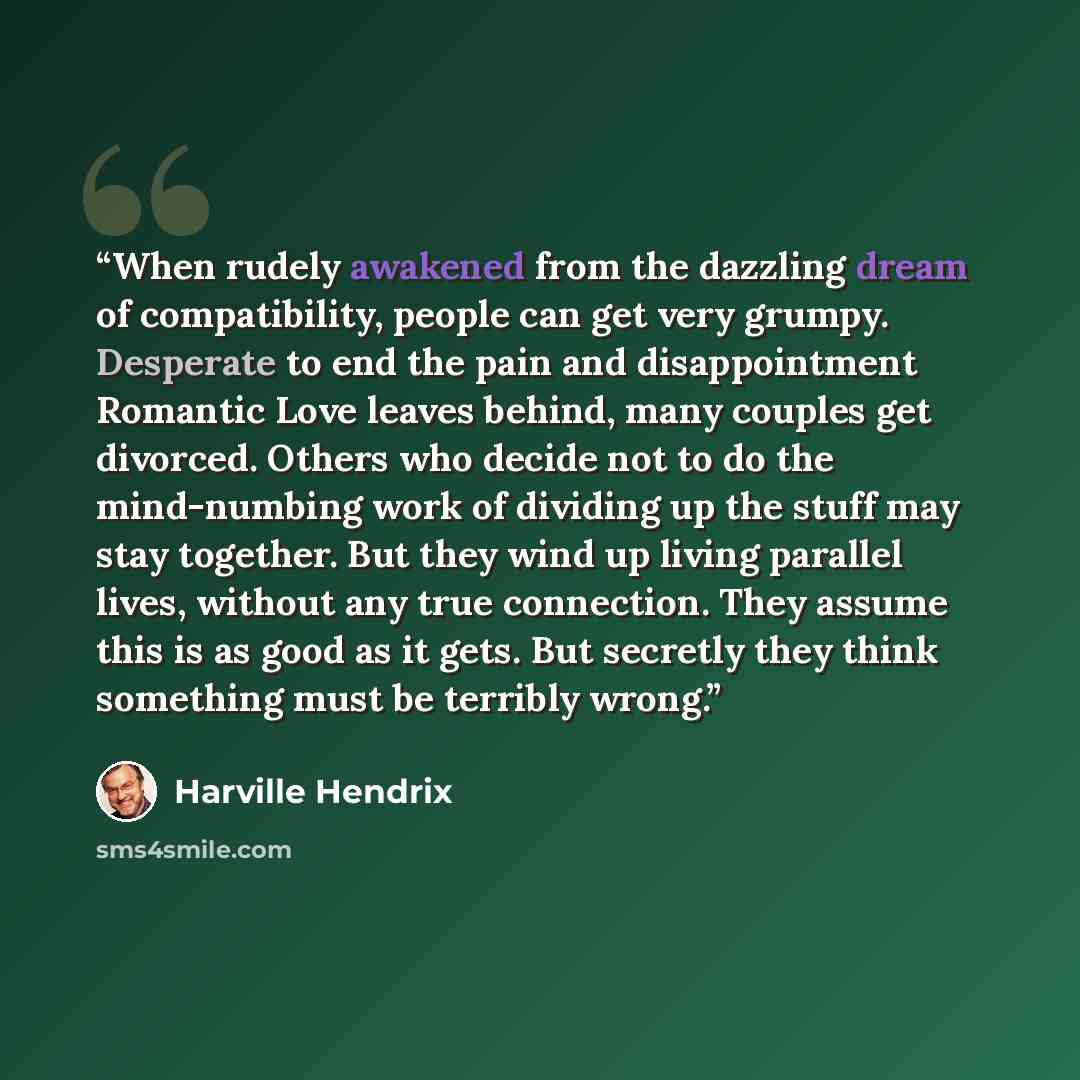 “When rudely awakened from the dazzling dream of compatibility, people can get very grumpy. Desperate to end the pain and disappointment Romantic Love leaves behind, many couples get divorced. Others who decide not to do the mind-numbing work of dividing up the stuff may stay together. But they…” quote by Harville Hendrix