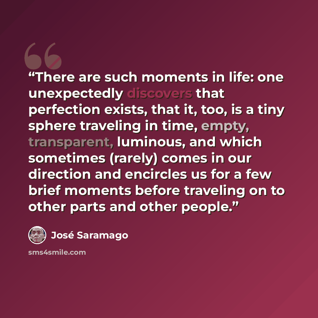 “There are such moments in life: one unexpectedly discovers that perfection exists, that it, too, is a tiny sphere traveling in time, empty, transparent, luminous, and which sometimes (rarely) comes in our direction and encircles us for a few brief moments before traveling on to other parts and…” quote by José Saramago