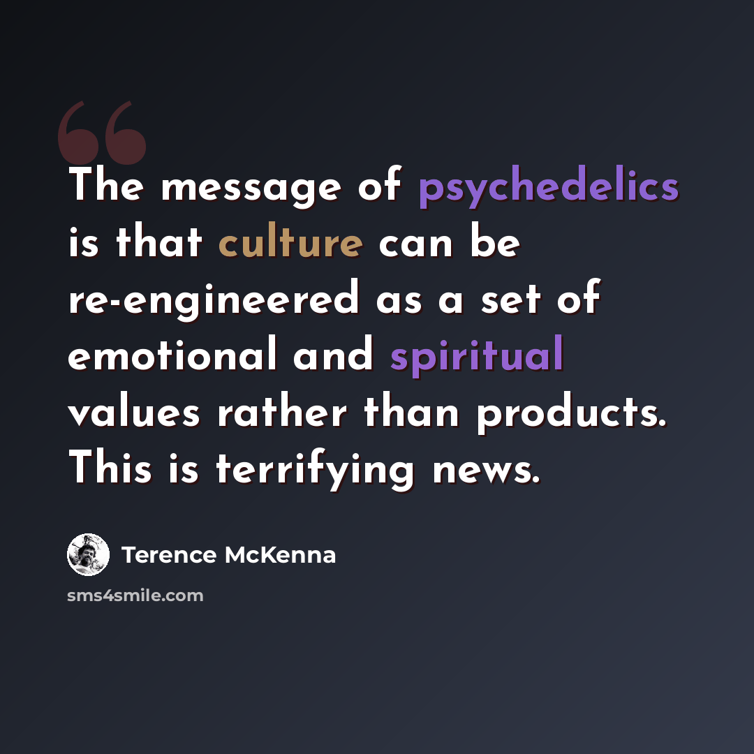 “The message of psychedelics is that culture can be re-engineered as a set of emotional and spiritual values rather than products. This is terrifying news.” quote by Terence McKenna