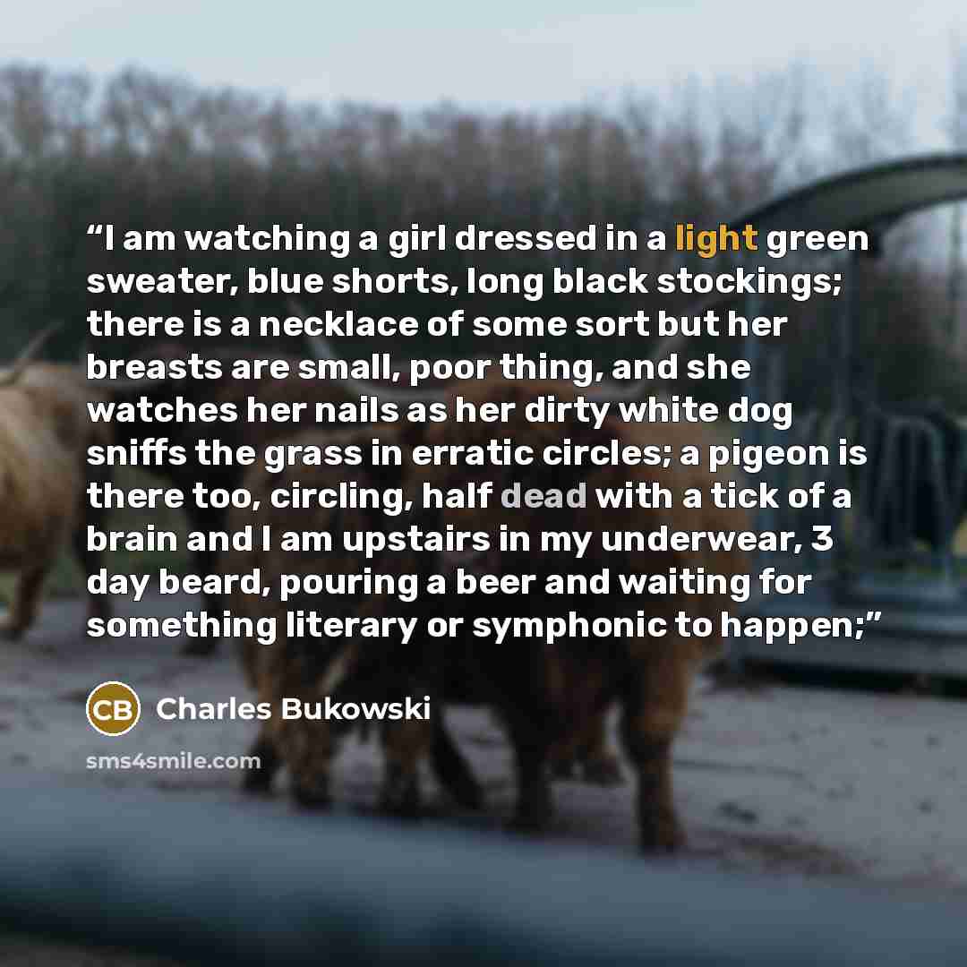 “I am watching a girl dressed in a light green sweater, blue shorts, long black stockings; there is a necklace of some sort but her breasts are small, poor thing, and she watches her nails as her dirty white dog sniffs the grass in erratic circles; a pigeon is there too, circling, half dead with a…” quote by Charles Bukowski