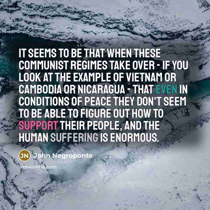 “It seems to be that when these communist regimes take over - if you look at the example of Vietnam or Cambodia or Nicaragua - that even in conditions of peace they don't seem to be able to figure out how to support their people, and the human suffering is enormous.” quote by John Negroponte
