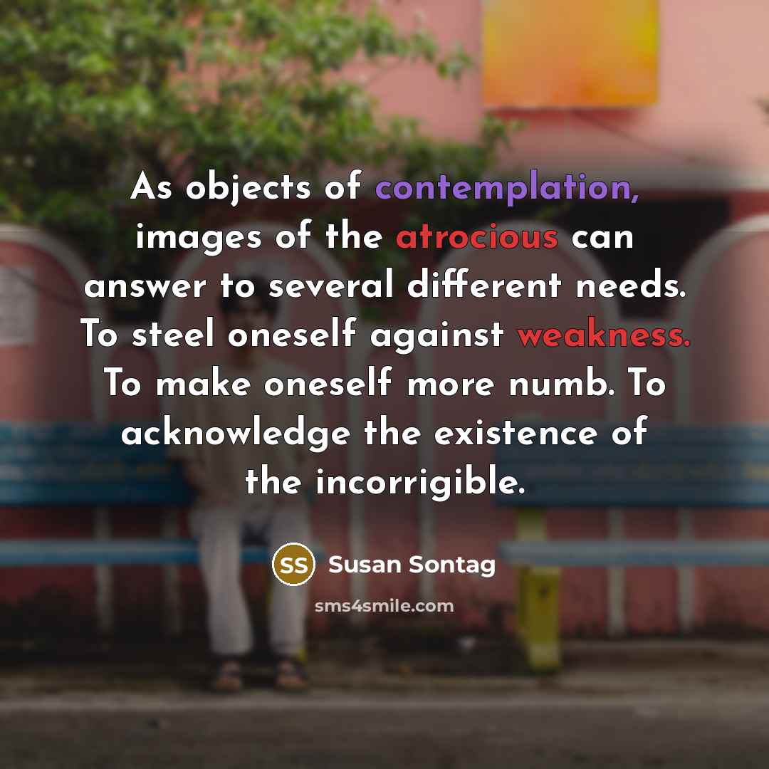 “As objects of contemplation, images of the atrocious can answer to several different needs. To steel oneself against weakness. To make oneself more numb. To acknowledge the existence of the incorrigible.” quote by Susan Sontag