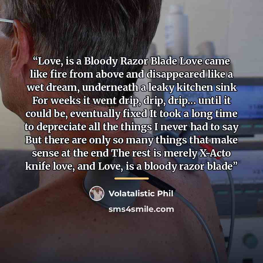 “Love, is a Bloody Razor Blade Love came like fire from above and disappeared like a wet dream, underneath a leaky kitchen sink For weeks it went drip, drip, drip… until it could be, eventually fixed It took a long time to depreciate all the things I never had to say But there are only so many…” quote by Volatalistic Phil