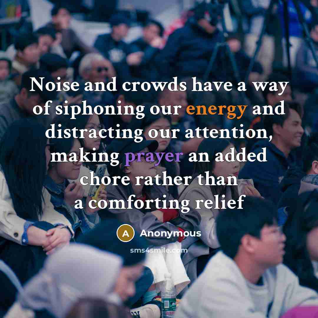 “Noise and crowds have a way of siphoning our energy and distracting our attention, making prayer an added chore rather than a comforting relief” quote by Anonymous