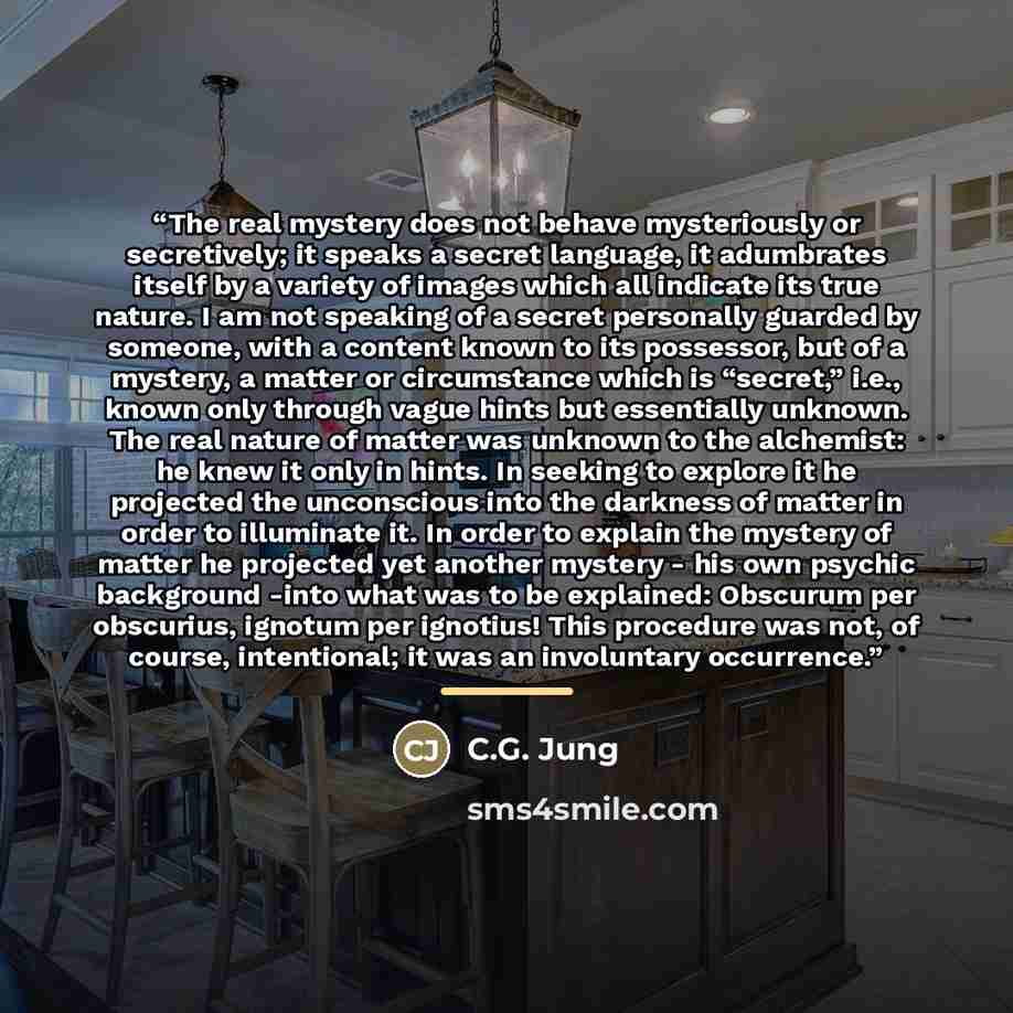 “The real mystery does not behave mysteriously or secretively; it speaks a secret language, it adumbrates itself by a variety of images which all indicate its true nature. I am not speaking of a secret personally guarded by someone, with a content known to its possessor, but of a mystery, a matter…” quote by C.G. Jung