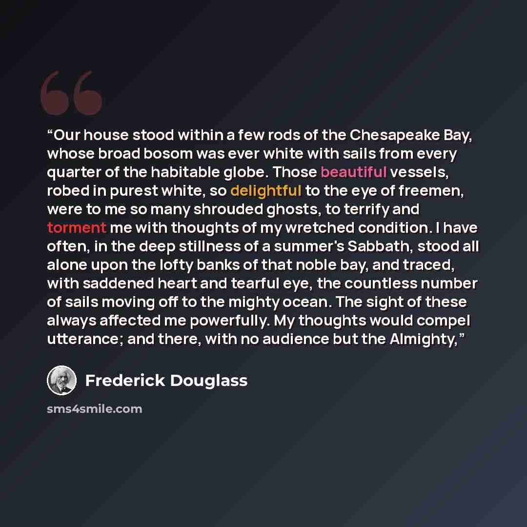 “Our house stood within a few rods of the Chesapeake Bay, whose broad bosom was ever white with sails from every quarter of the habitable globe. Those beautiful vessels, robed in purest white, so delightful to the eye of freemen, were to me so many shrouded ghosts, to terrify and torment me with…” quote by Frederick Douglass