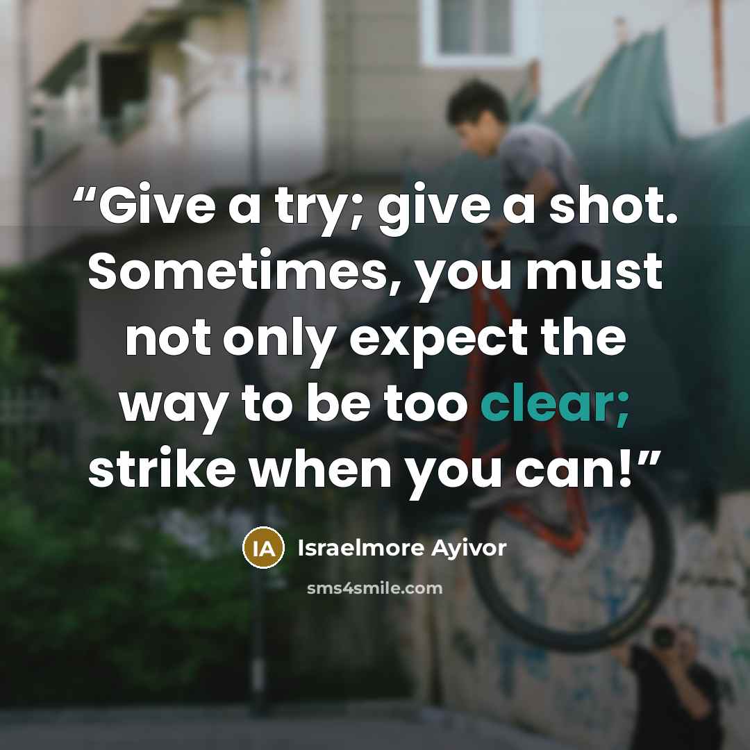 “Give a try; give a shot. Sometimes, you must not only expect the way to be too clear; strike when you can!” quote by Israelmore Ayivor