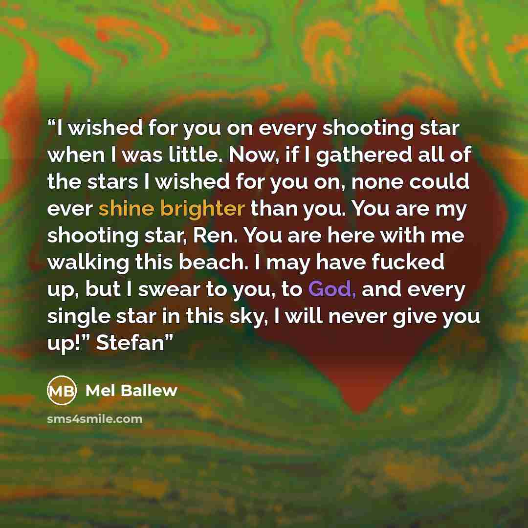 “I wished for you on every shooting star when I was little. Now, if I gathered all of the stars I wished for you on, none could ever shine brighter than you. You are my shooting star, Ren. You are here with me walking this beach. I may have fucked up, but I swear to you, to God, and every single…” quote by Mel Ballew