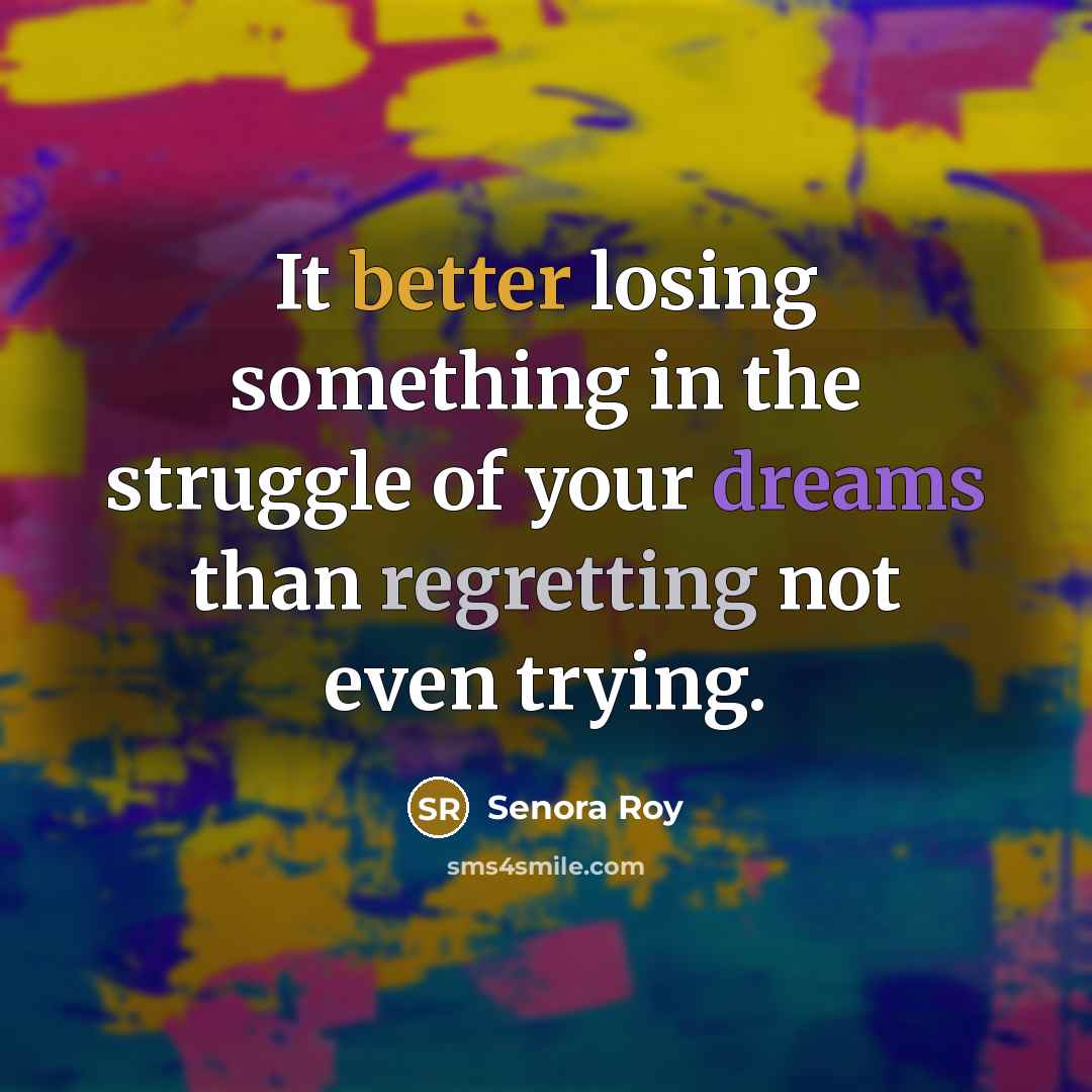 “It better losing something in the struggle of your dreams than regretting not even trying.” quote by Senora ROy