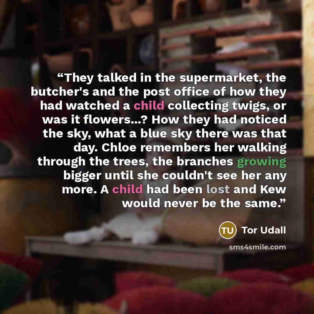 “They talked in the supermarket, the butcher's and the post office of how they had watched a child collecting twigs, or was it flowers...? How they had noticed the sky, what a blue sky there was that day. Chloe remembers her walking through the trees, the branches growing bigger until she couldn't…” quote by Tor Udall