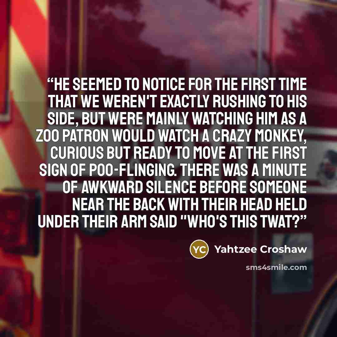 “He seemed to notice for the first time that we weren't exactly rushing to his side, but were mainly watching him as a zoo patron would watch a crazy monkey, curious but ready to move at the first sign of poo-flinging. There was a minute of awkward silence before someone near the back with their…” quote by Yahtzee Croshaw