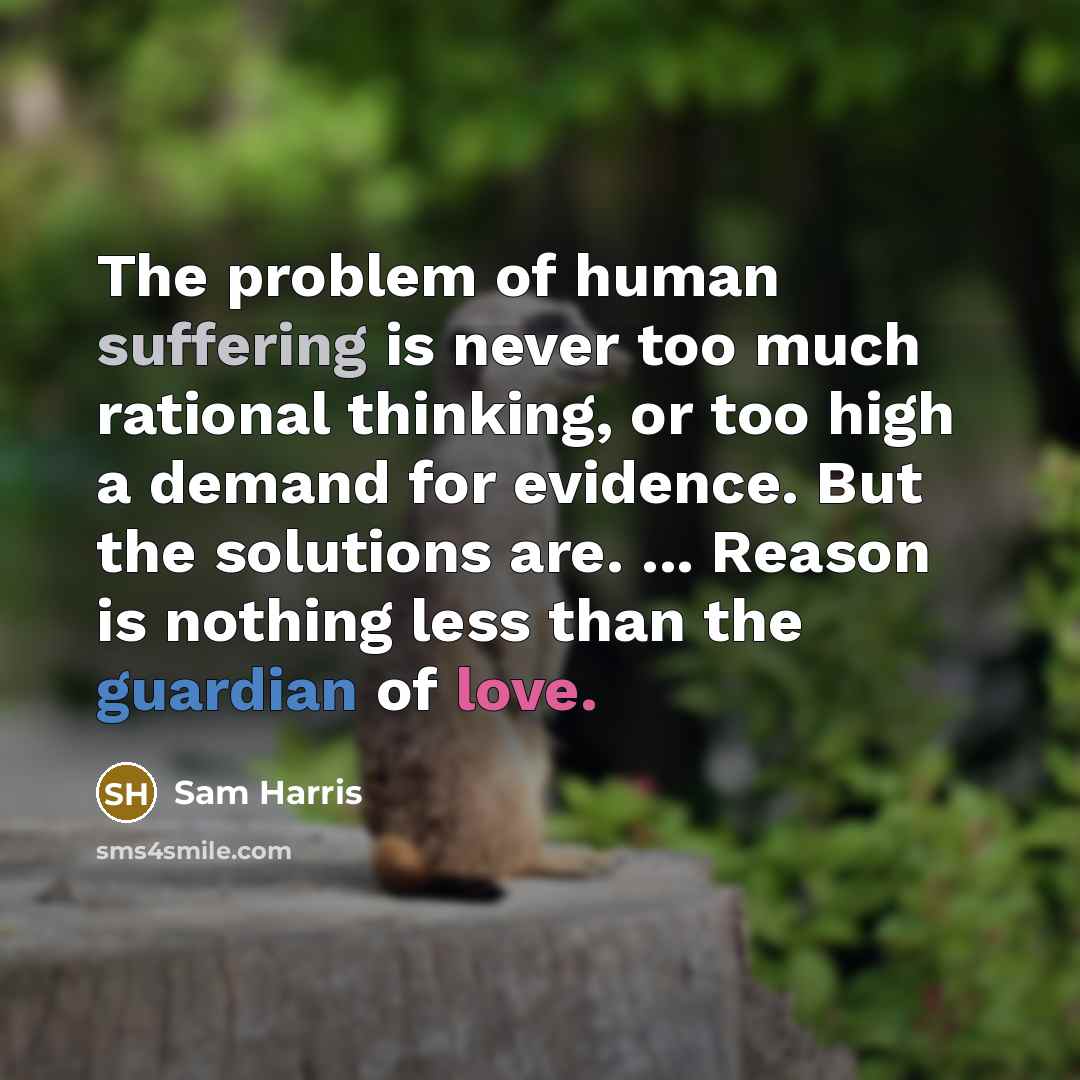 “The problem of human suffering is never too much rational thinking, or too high a demand for evidence. But the solutions are. ... Reason is nothing less than the guardian of love.” quote by Sam Harris