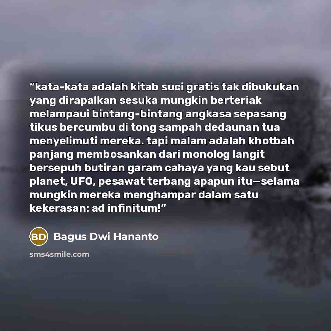 “kata-kata adalah kitab suci gratis tak dibukukan yang dirapalkan sesuka mungkin berteriak melampaui bintang-bintang angkasa sepasang tikus bercumbu di tong sampah dedaunan tua menyelimuti mereka. tapi malam adalah khotbah panjang membosankan dari monolog langit bersepuh butiran garam cahaya yang…” quote by Bagus Dwi Hananto
