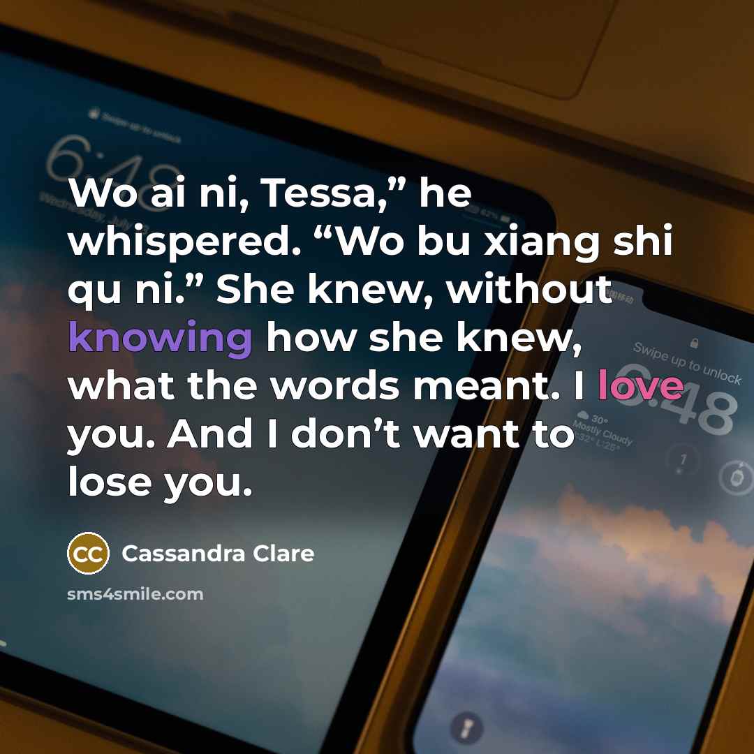 “Wo ai ni, Tessa,” he whispered. “Wo bu xiang shi qu ni.” She knew, without knowing how she knew, what the words meant. I love you. And I don’t want to lose you.” quote by Cassandra Clare