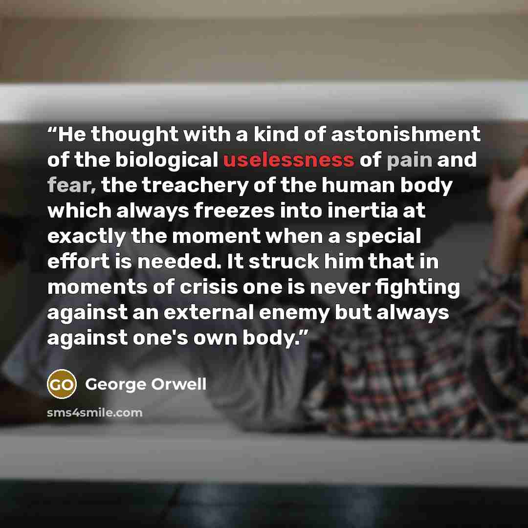 “He thought with a kind of astonishment of the biological uselessness of pain and fear, the treachery of the human body which always freezes into inertia at exactly the moment when a special effort is needed. It struck him that in moments of crisis one is never fighting against an external enemy…” quote by George Orwell