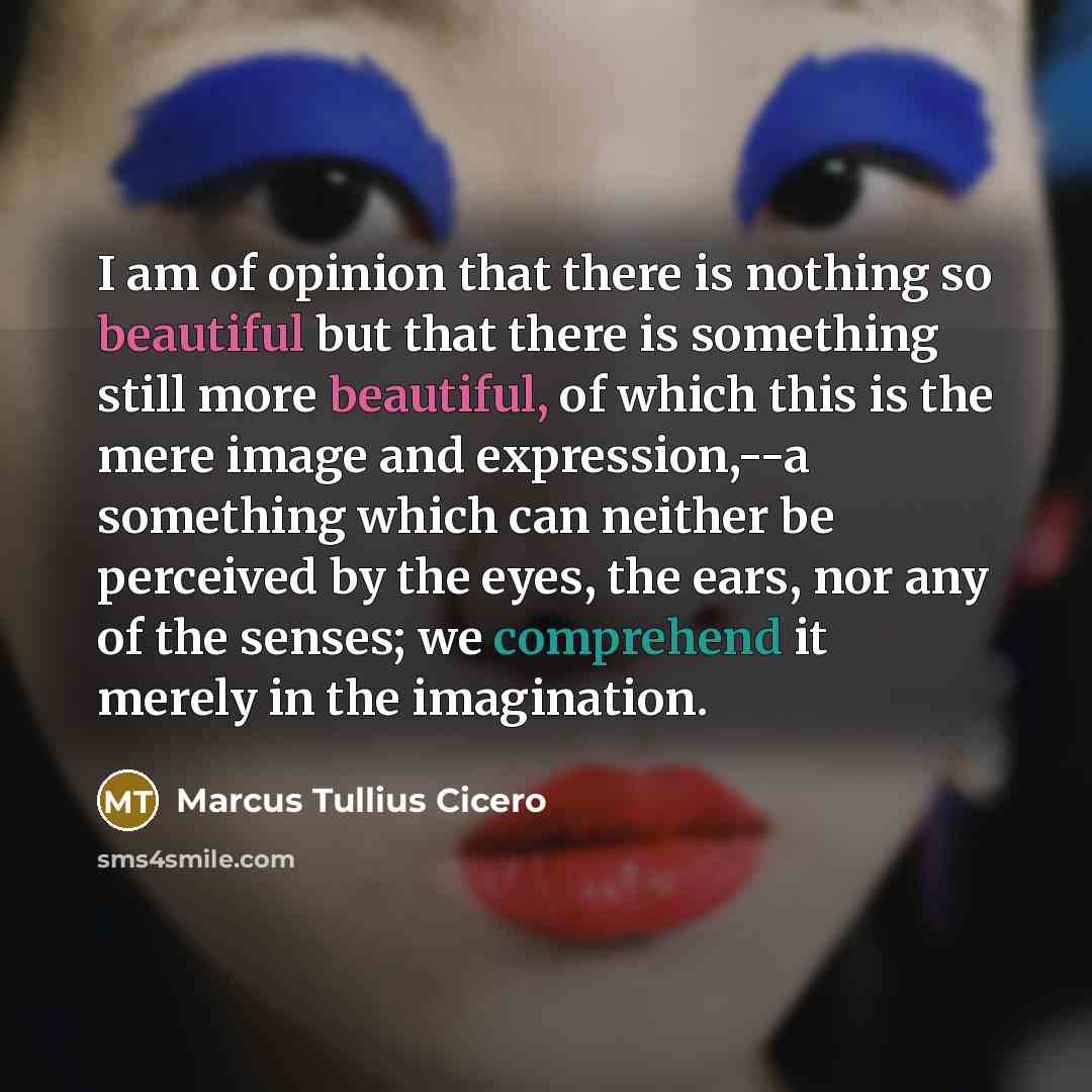 “I am of opinion that there is nothing so beautiful but that there is something still more beautiful, of which this is the mere image and expression,--a something which can neither be perceived by the eyes, the ears, nor any of the senses; we comprehend it merely in the imagination.” quote by Marcus Tullius Cicero