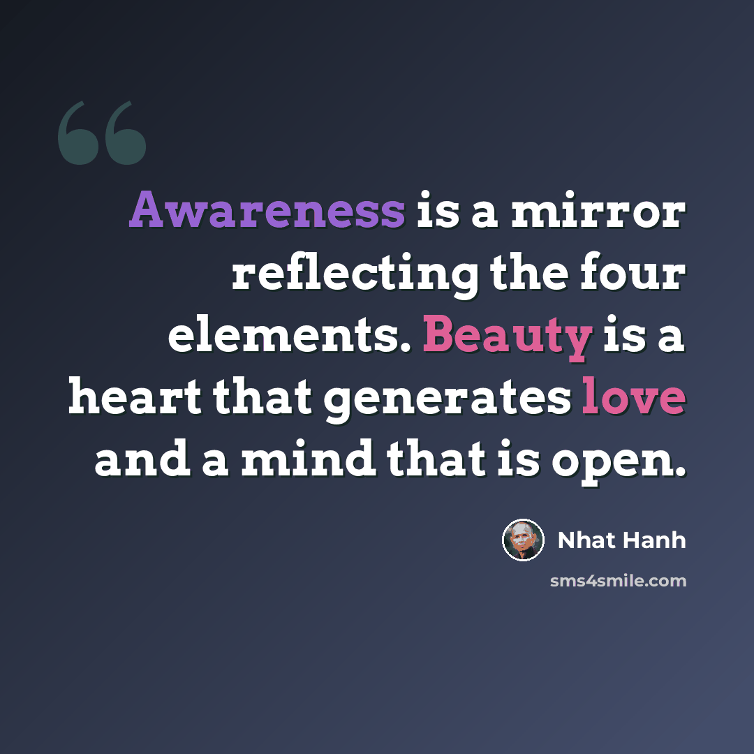“Awareness is a mirror reflecting the four elements. Beauty is a heart that generates love and a mind that is open.” quote by Nhat Hanh